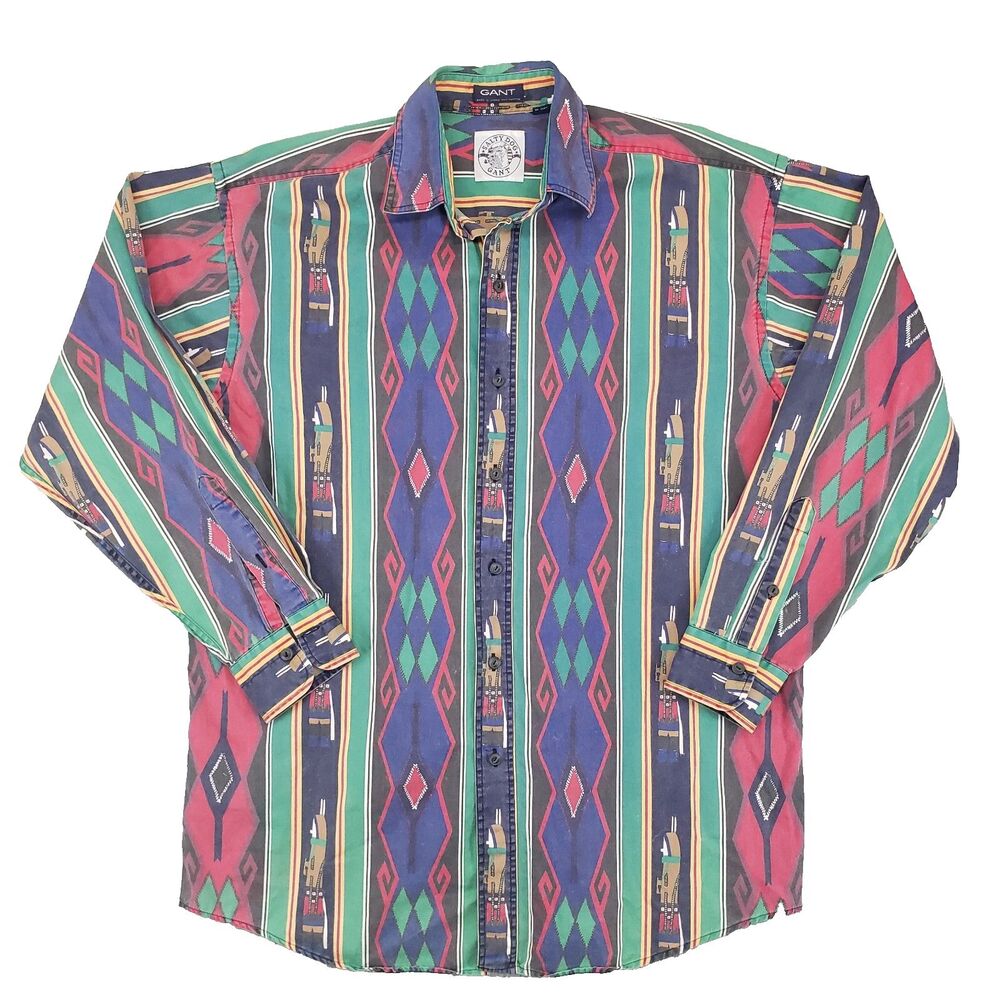 Vintage‎ Gant Salty Dog Aztec Striped Western Shirt Mens Medium Red Purple Green